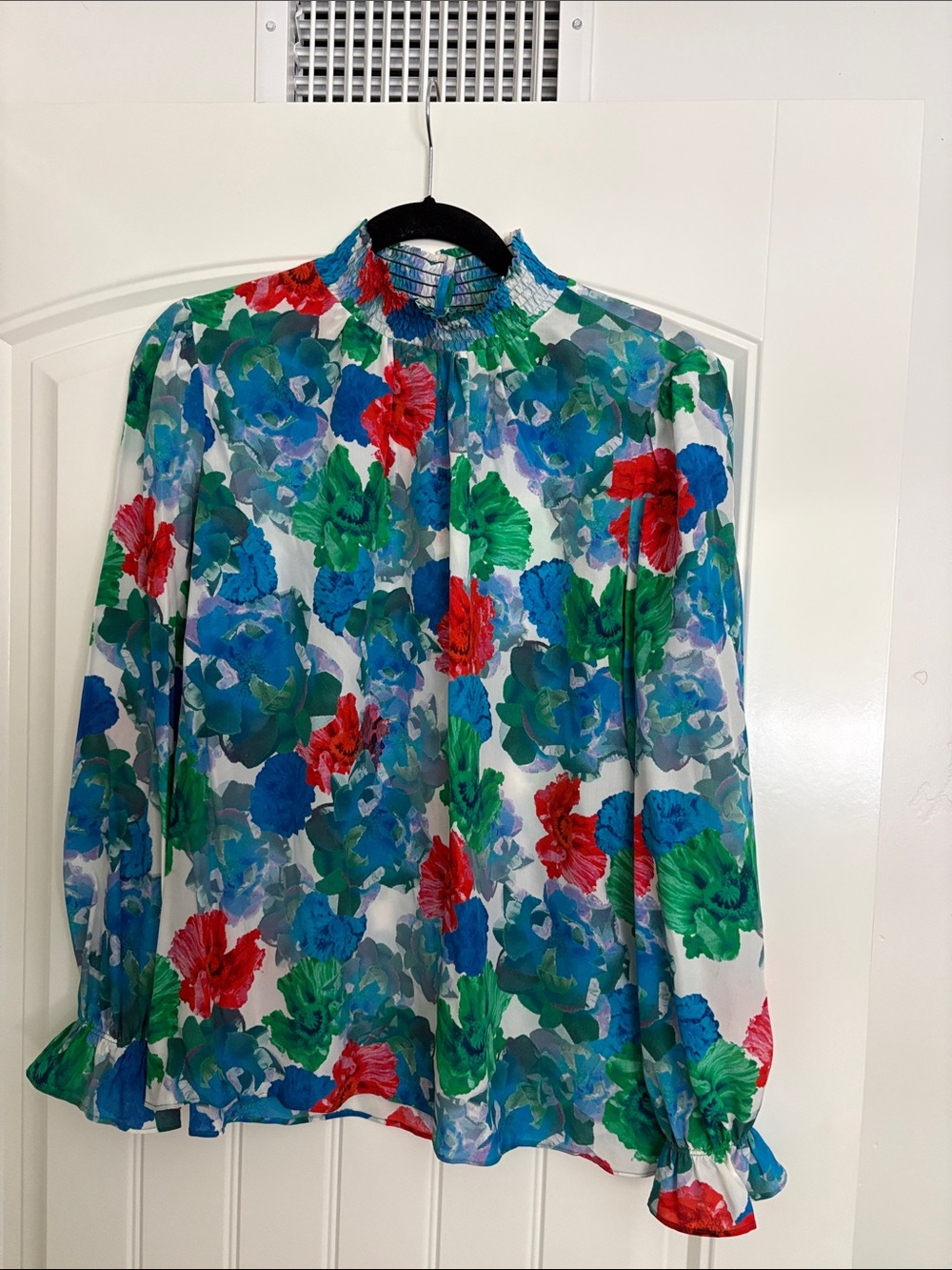 Tucker Floral Long-Sleeve Sheer Blouse in Blue, Green & Red